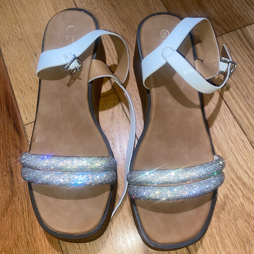 White and Silver Strappy Platform Sandals